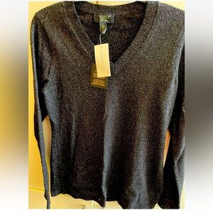 Charter Club Cashmere Luxury Black/ Silver Lurex V neck  Sweater Size S